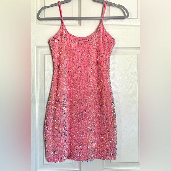 LUCY IN THE SKY Iridescent Pink Sequin Mini Bodycon Dress Size Small - Picture 5 of 15